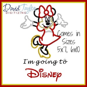 Op de afbeelding: Een rood en zwart cartoonfiguur van Minnie Mouse met een rode strik, haar armen uitgestrekt, met de tekst "I'm going to DISNEY" en "Comes in Sizes 5x7, 6x10" eronder.