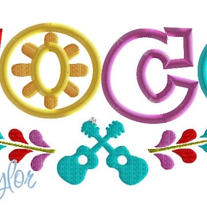 Pode incluir: Desenho bordado da palavra "Coco" em letras coloridas com um motivo de sol e guitarra. As letras são vermelhas, amarelas, rosas e azuis. O sol é amarelo com raios laranja. As guitarras são turquesa com cordas marrons.