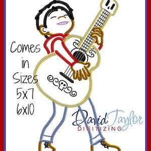 May include: A cartoon character playing a white guitar with a skull design. The character is wearing a red shirt, blue jeans, and black shoes. The text "Comes in Sizes 5x7 6x10" is in the lower left corner of the image. The text "David Taylor Digitizing" is in the lower right corner of the image.