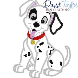 May include: A white and black Dalmatian puppy with pink ears and a red collar with a gold tag. The puppy is sitting with its tongue sticking out.