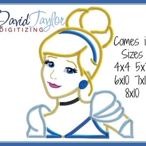 May include: A digital embroidery design of a cartoon Cinderella with blonde hair and a blue dress. The design comes in sizes 4x4, 5x7, 6x10, 7x10, and 8x10 inches.