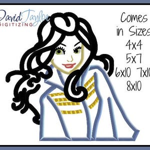 May include: Black and white line art illustration of a woman with long, flowing hair. She is wearing a white jacket with gold accents. The image includes the text "Comes in Sizes 4x4 5x7 6x10 7x10 8x10".