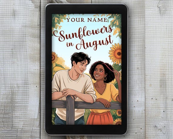 Premade eBook Cover | Interracial Romance | Cozy Love Story with Sunflowers | Korean Man & African American Woman Illustration