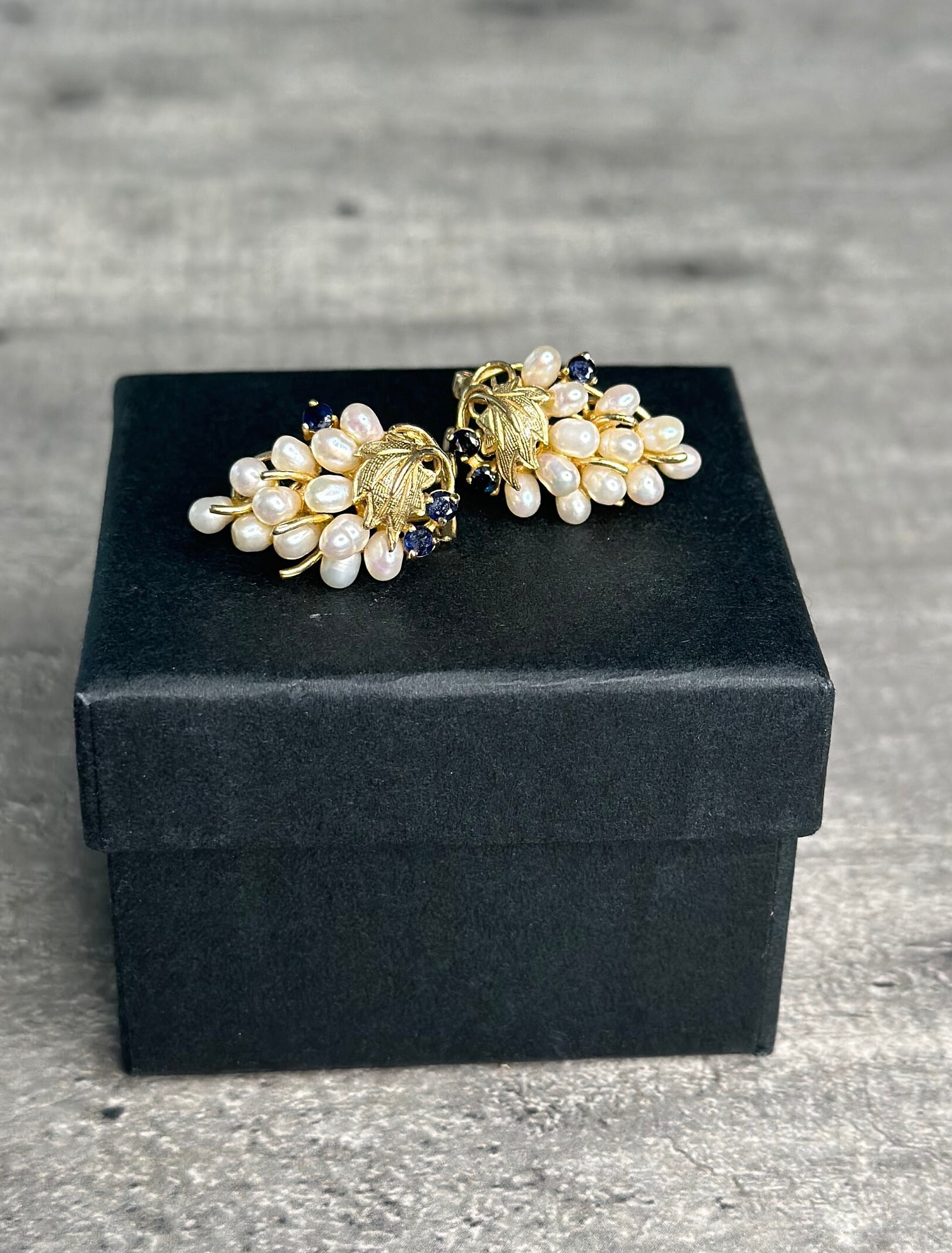 Pearl and Sapphire Grape Cluster 14k Gold Earrings