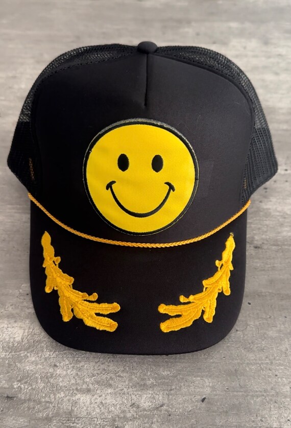 Smiley Face Patch High Crown Trucker Hat With Gold Oak Leaves