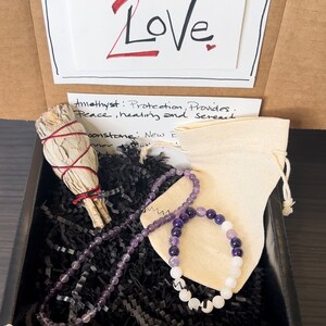 Amethyst Stone Bracelet, Necklace & Sage Box