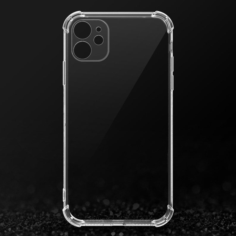 May include: A clear phone case with a raised bumper for added protection. The case has a cutout for the camera lens.