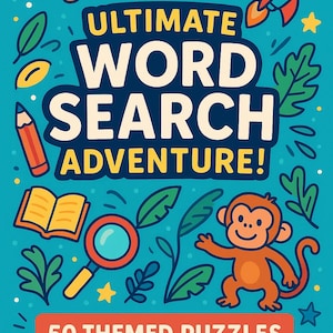 Puede incluir: Ilustración colorida para un libro de rompecabezas de búsqueda de palabras. La portada presenta un pez de dibujos animados, un planeta, un cohete, un mono y otros elementos lúdicos. El texto dice "ULTIMATE WORD SEARCH ADVENTURE!" y "50 THEMED PUZZLES WITH ANSWERS INSIDE!"