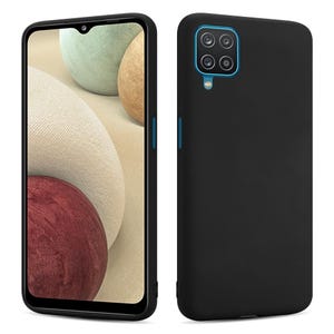 May include: A black smartphone case with a matte finish. The case has cutouts for the camera and buttons. The phone screen displays an abstract design in various colours. The case is shown from the front and back.