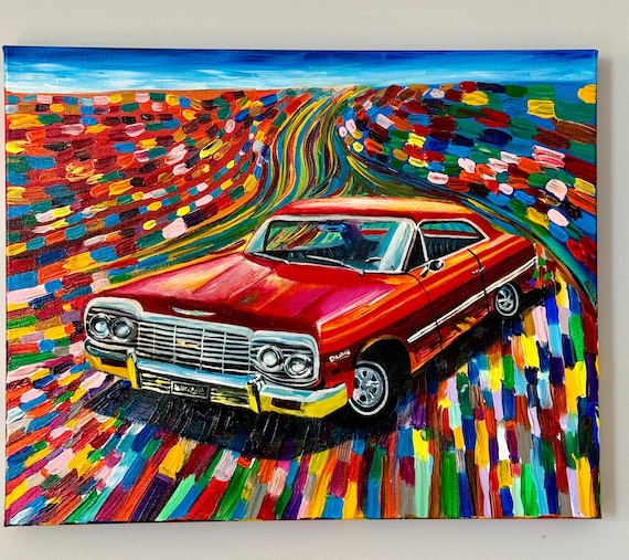 Classic Red Car Acrylic Painting | Retro Muscle Car on a Colorful