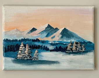 Peaceful Mountain Landscape - Original Acrylic Painting on Canvas - Winter Scene with Snowy Trees