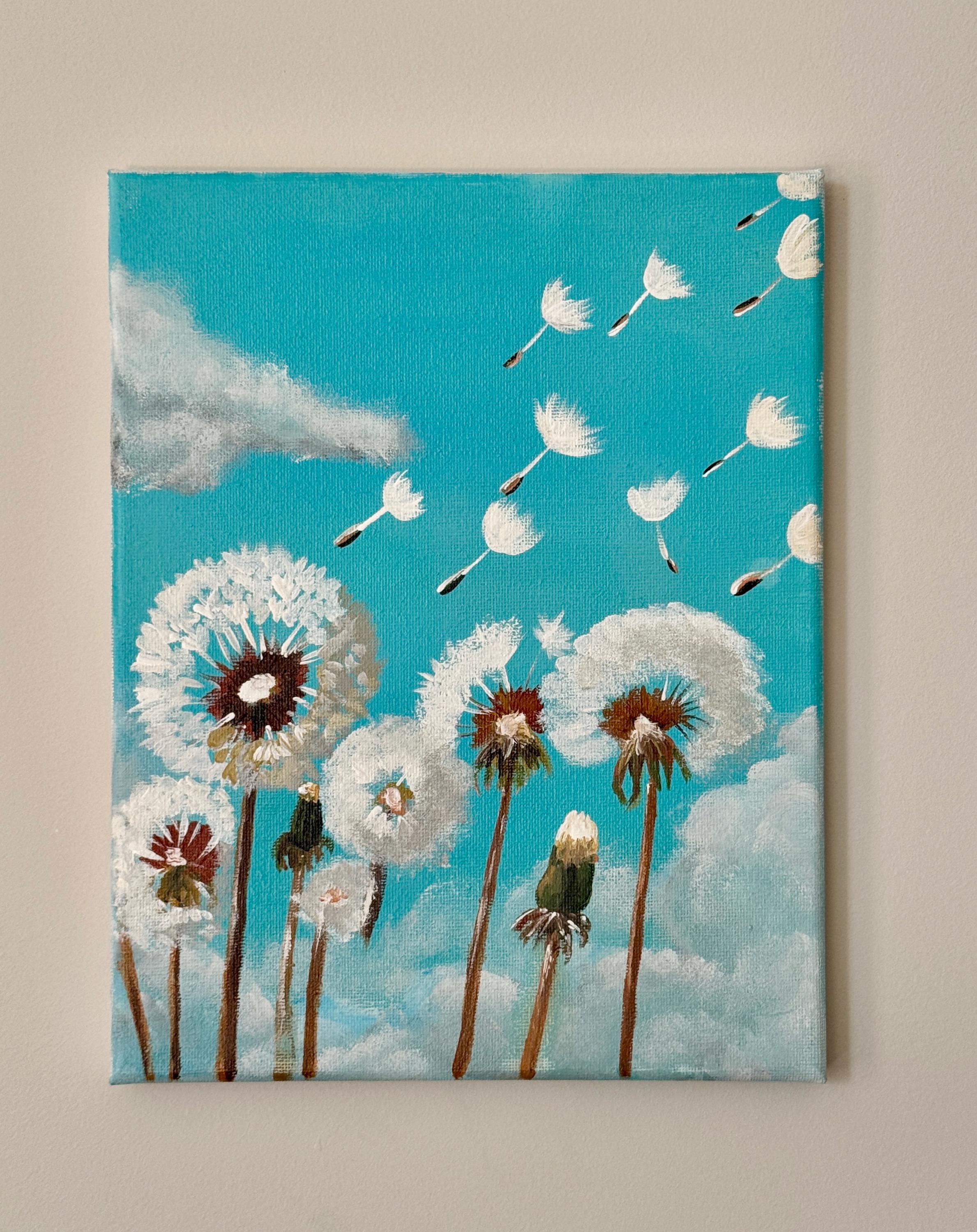 Alone with a dandelion. 小型油絵 抽象画 ハンドメイド Dandelions in the Breeze - Original Acrylic Painting on Canvas