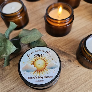 Here Comes the Son Baby Shower Candles - Sun Themed Baby Shower Candles - Custom Labels - Sun Themed Favors for Guests