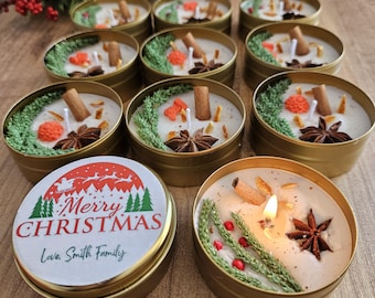 Personalized Christmas Candle Favors in Gold Tin – Holiday Party Gifts, Custom Merry Christmas Candles, Festive Soy Candle Gift for Guests