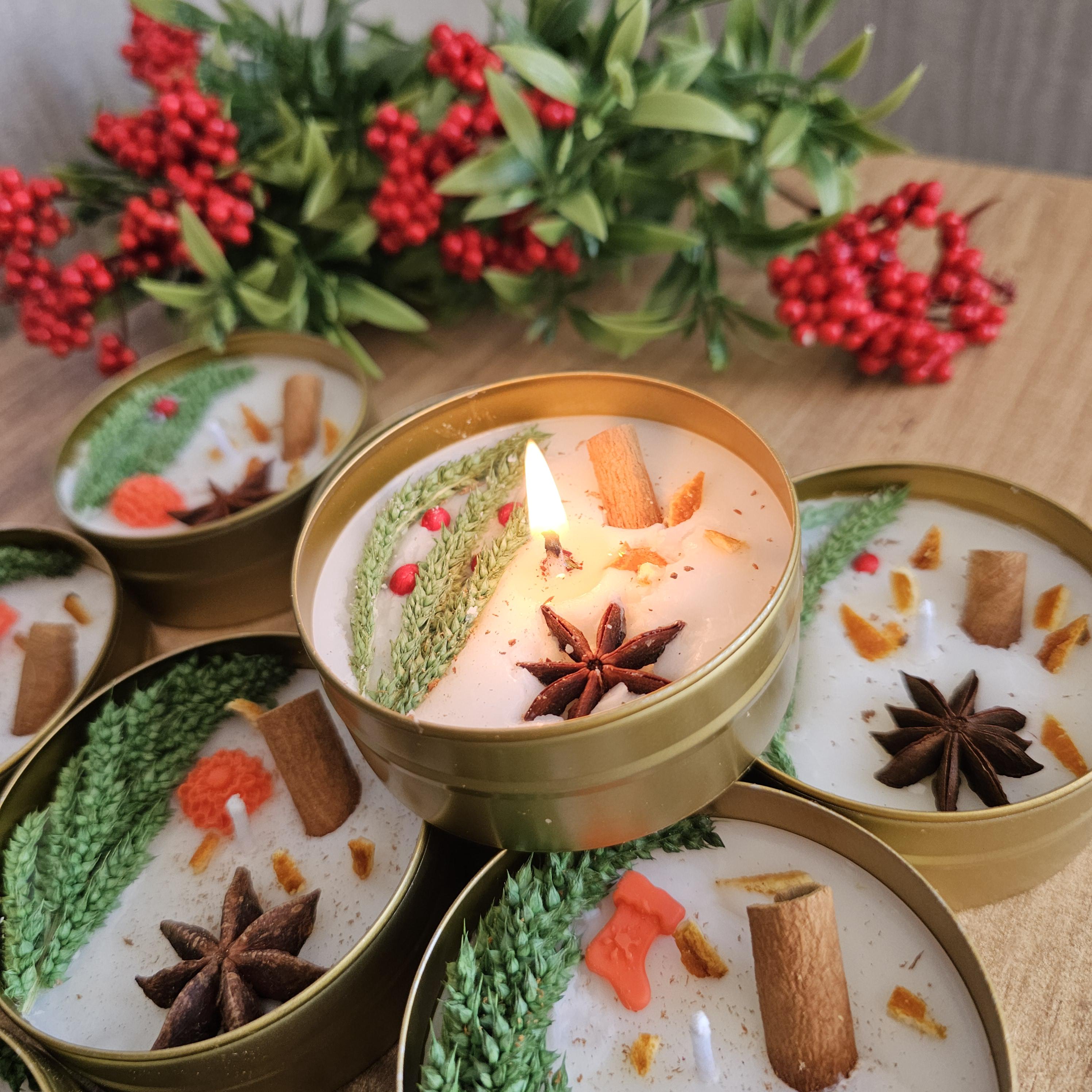 Personalized Xmas Candle Favors • Custom Soy Candles in Gold Tin ...