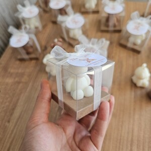 Puede incluir: Una peque&ntilde;a figurita de oso blanco en una caja de pl&aacute;stico transparente con una cinta blanca y una tarjeta marr&oacute;n con el texto "Thea's Baby Shower" en ella.