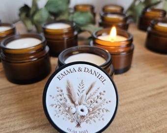 Faveurs de bougie de mariage bohème rustique - Mini bougies de soja parfumées - bougie étiquette personnalisée - bougies pour baby shower, shower de bébé, mariage