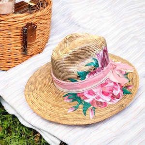Hand Painted Wide Brim Hat - Pink Peonies