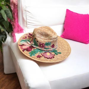 Hand Painted Wide Brim Hat - Folk Flowers Pink