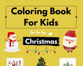 May include: A coloring book for kids featuring Christmas themes. The cover shows a snowman, Santa Claus, a Christmas tree, and a garland of lights. The title of the book is "Coloring Book for Kids Christmas". There are 42 drawings to color.
