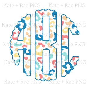 Summer Leopard Monogram Scalloped png - Colorful Leopard Monogram png - Scalloped Circle Digital Monogram png - Doodle Monogram png