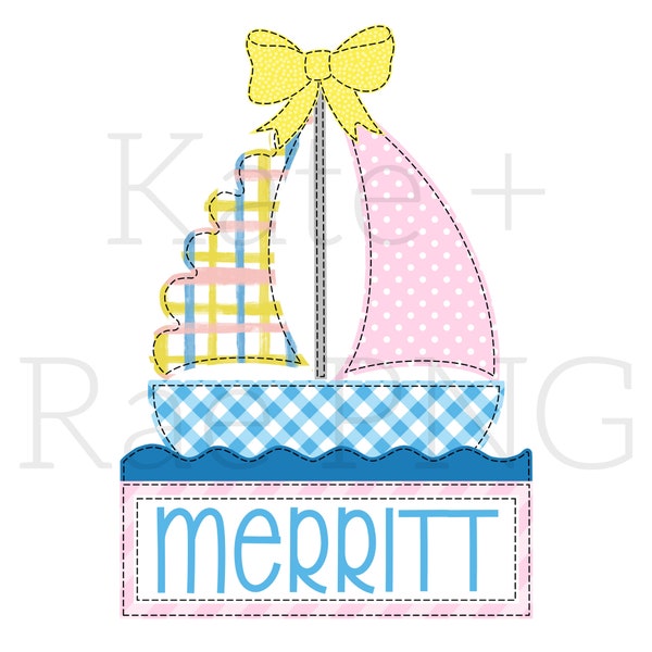 Girl's Sailboat Faux Applique with Name Plate png - Girl's Sailboat png - Girl's Summer png - Kids Summer png - Sublimation or DTF Design