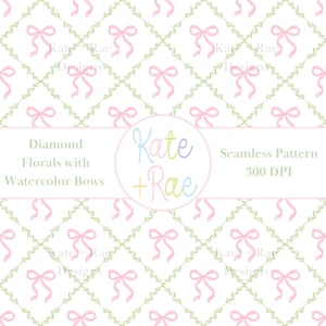 May include: Seamless pattern featuring a repeating design of pink watercolor bows within a diamond grid of green leaves. The design includes the text "Diamond Florals with Watercolor Bows" and "Kate + Rae Designs".