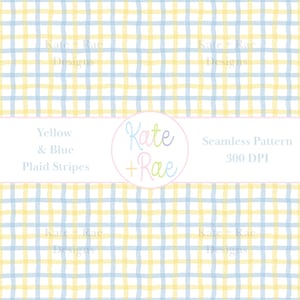 Blue and Yellow Plaid Watercolor Seamless Pattern • Hand Drawn Plaid Seamless Pattern • Repeating Block Pattern • Digital Download