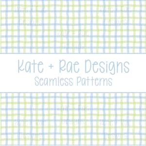 May include: A seamless pattern design featuring a grid of light blue and green intersecting lines. The text "Kate + Rae Designs Seamless Patterns" is displayed in a white rectangular banner.