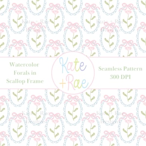 May include: A seamless pattern featuring watercolor florals in a scallop frame. The design includes pink flowers with green stems and leaves, framed in light blue scalloped ovals, topped with pink bows, set against a white background. The text reads "Watercolor Forals in Scallop Frame".