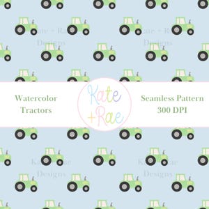 May include: A seamless pattern featuring light green watercolor tractors with black wheels on a light blue background. The design includes the text "Watercolor Tractors" and "Seamless Pattern 300 DPI".