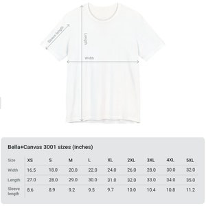 May include: A size chart for Bella+Canvas 3001 t-shirts, showing measurements in inches for sizes XS to 5XL. The chart includes width, length, and sleeve length.