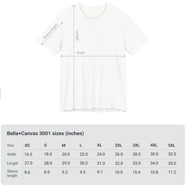 May include: A size chart for Bella+Canvas 3001 t-shirts, showing measurements in inches for sizes XS to 5XL. The chart includes width, length, and sleeve length.