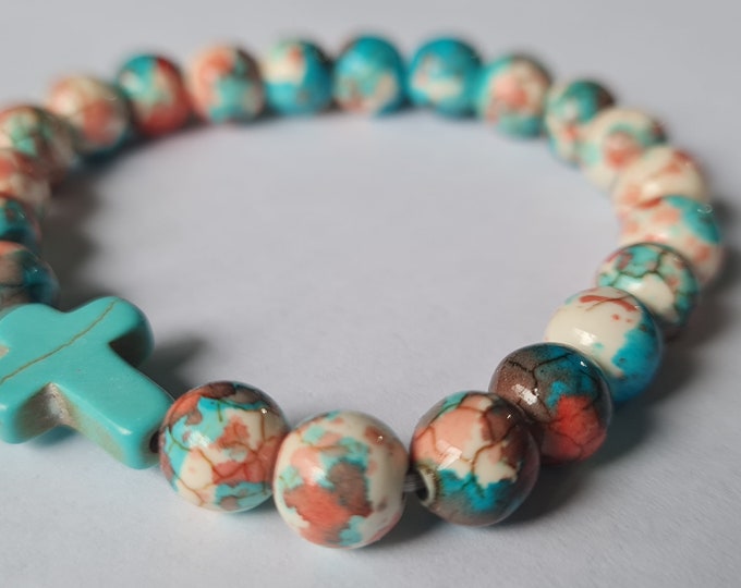 Hand painted beaded bracelet with cross