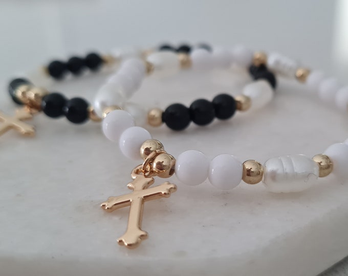 Black and white bracelet with cross (pair)