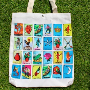 Lotería Tote Bag with Snap Button Closure. 13&quot;x15&quot; Reusable Cotton Canvas Bag. Secure & Stylish for Everyday Use. Bolsa de la Loteria.