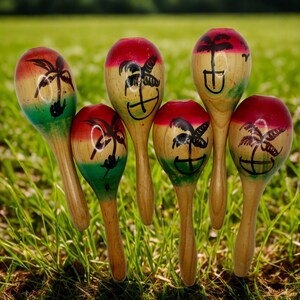 May include: A set of six wooden maracas featuring a gradient finish of red, yellow, and green. Each instrument is decorated with a hand-painted black palm tree silhouette. The maracas have a smooth, light-coloured wooden handle and a rounded head.