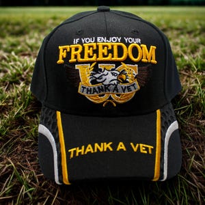 Veteran Hat. Black “If You Enjoy Your Freedom, Thank a Vet” Embroidered Cap. Military Tribute Hat. Veteran Baseball Cap. Thank a Veteran hat