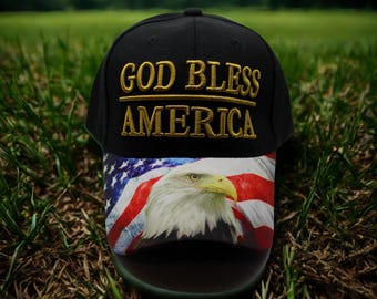 Gorra «Dios bendiga a América». Gorra patriótica negra de EE. UU. Gorra bordada con águila calva americana. Gorra ajustable de EE. UU. Regalo para veteranos. Gorra de EE. UU. Gorra para veteranos.