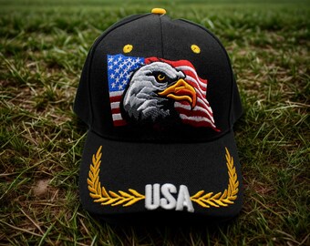 Kapelusz z orłem. Patriotyczny czarny kapelusz z orłem bielikiem. Czapka z haftowanym amerykańskim orłem. Kapelusz USA. Prezent dla weterana. Kapelusz USA. Czapka American Pride. Kapelusz wolności