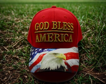 Gorra «Dios bendiga a América». Gorra roja patriótica de EE. UU. Gorra bordada con águila calva americana. Gorra ajustable de EE. UU. Regalo para veteranos. Gorra de EE. UU. Gorra para veteranos.