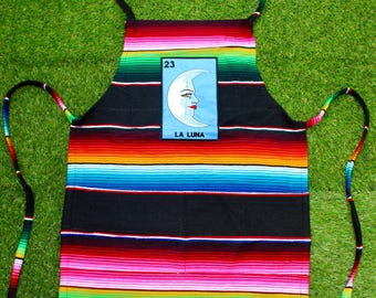 La Luna Mexican Sarape Apron. Colorful Traditional Apron, Handwoven Craft, Perfect for Cooking & Gifts. Mandil de la Luna. The Moon Apron