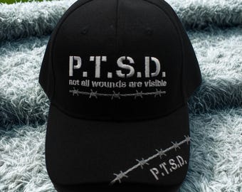 P.T.S.D. Awareness Hat – “Not All Wounds Are Visible” Embroidered Black Cap – Veteran Support Trucker Hat. Adjustable Cap. PTSD Hat