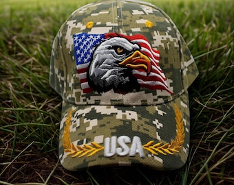 Eagle Hat. Patriotic Eagle Camo Hat. American Eagle Embroidered Camo Baseball Cap. USA Veteran Gift. USA Hat. Father's Day Gift. Dad Hat