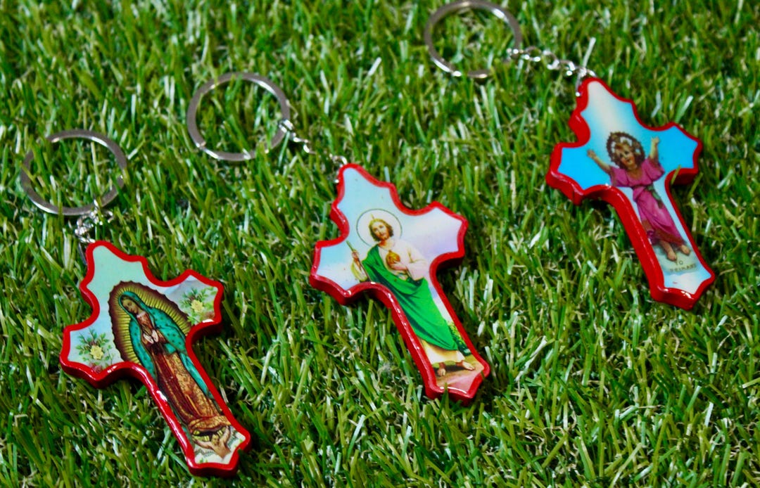 Lady of Guadalupe Keychain. Religious Wooden Cross Keychain. St. Jude ...