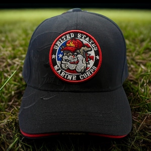 U.S Marine Corps Bulldog Hat – Embroidered Black Hat – Patriotic Adjustable Cap. USMC Cap with Fierce Bulldog Mascot Patch. Marine Hat