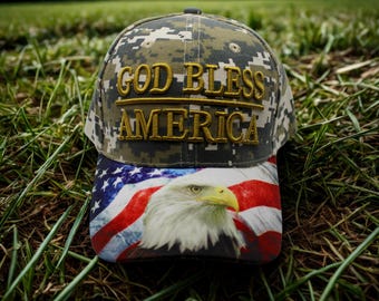 Gorra «Dios bendiga a América». Gorra patriótica de camuflaje de EE. UU. Gorra bordada con águila calva americana. Gorra ajustable de EE. UU. Regalo para veteranos. Gorra de EE. UU. Gorra para veteranos.