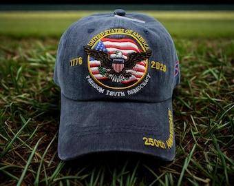 America Eagle Embroidered Baseball Cap. United States of America Patriotic Hat. Adjustable USA Flag Cap. Veteran Blue Hat. USA 1776–2026 Hat