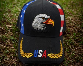 Kapelusz z orłem. Patriotyczny czarny kapelusz z orłem. Czarna czapka baseballowa z haftowanym amerykańskim orłem. Prezent dla weterana wojskowego USA. Kapelusz USA. Prezent z okazji amerykańskiej dumy.