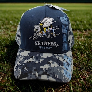 U.S Navy Seabees Hat. Embroidered US Navy Camo Cap. Military Seabees Baseball Hat for Navy Vets. Patriotic Cap. Gift for Dad. Navy Cap.